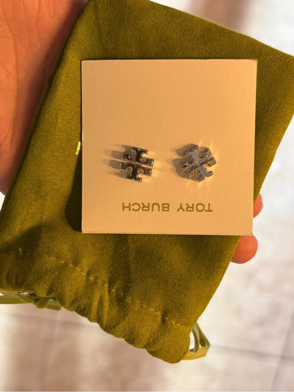 Tory Burch Silver Double-T Logo Stud Earrings with Olive Pouch